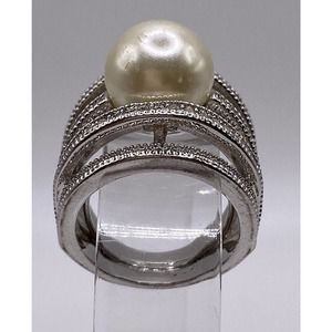Nataliya V Collister NVC CZ & Pearl Solid Sterling Silver 925 Wide Ring